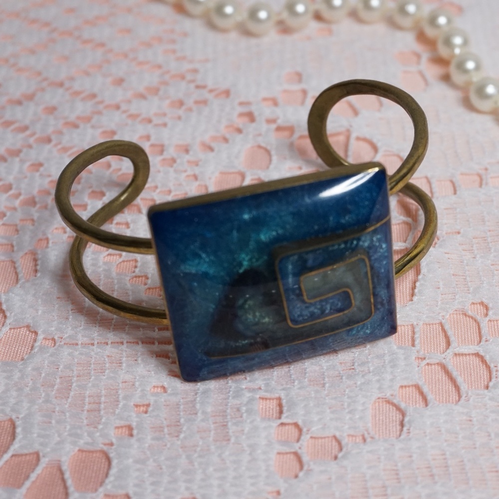 Vintage Blue Resin Square Brass Cuff Bracelet